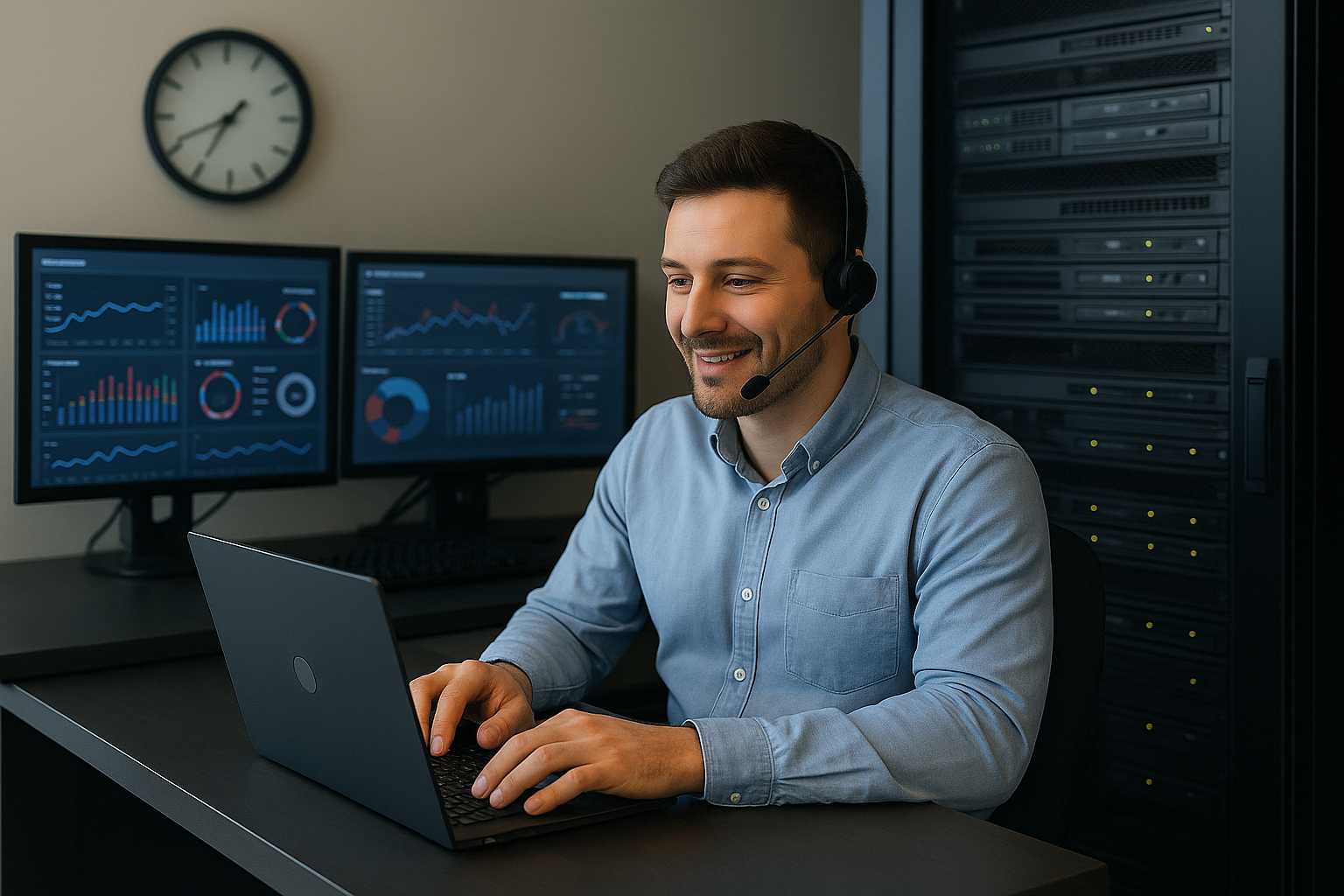 Technicien informatique aidant une cliente dans son bureau